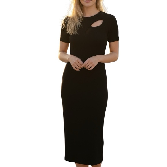LNA | REVOLVE Ribbed Jersey Knit Stretchy Cutout Black Short Sleeve Midi Dress - Picture 1 of 8